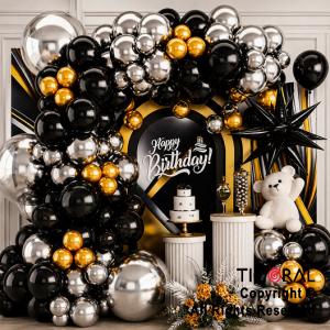 SET DE GLOBOS ARCO XL FELIZ CUMPLEA�OS PLATA NEGRO Y ORO (GY 7852) 100 UNIDADES
